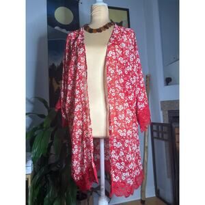 Live and Let Live Ditsy Floral Crochet Open Front Kimono red floral flowy boho